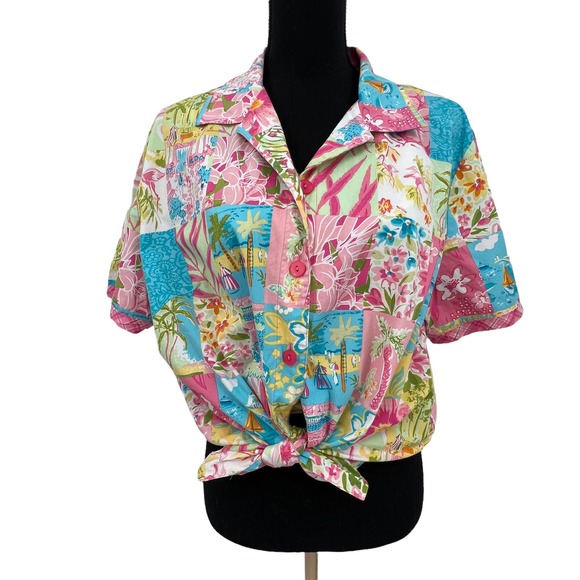 Vintage Erin London Bright Floral Hawaiian Button Down Beach Blouse Large - Picture 3 of 7